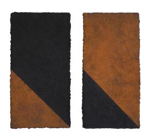 F-3/4_Manganschwarz-Rost, F-3/4_Rost-Manganschwarz, 05/2025, Pigmente, Gouache auf handgesch. Papier, je 40 x 20 cm 