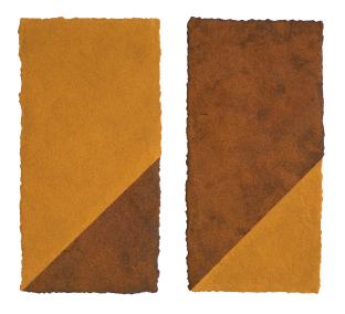 F-3/4_Titanorange-Rost, F-3/4_Rost-Titanorange, 05/2025, Pigmente, Gouache auf handgesch. Papier, je 40 x 20 cm